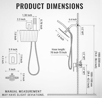 All Metal Shower Faucet Set, Dual Square Shower Head System with Handheld Wand, Diverter, Hose Complete Combo, Pressure Balance Rough-in Valve Included (Matte Black)