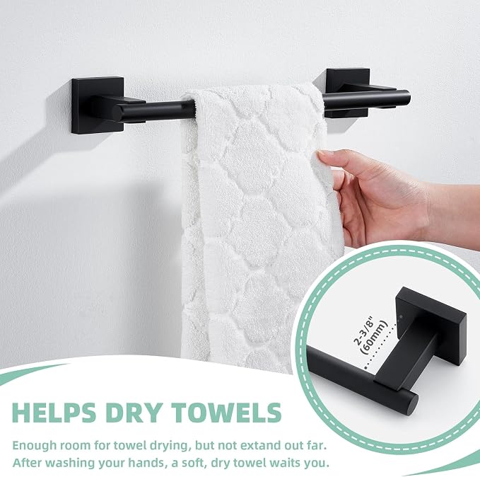 Suyar Bathroom Hardware Set Matte Black, Bathroom Accessories 4 Pieces | Include Robe Hook, Toilet Paper Holder, Hand Towel Holder, Towel Bar, SUS304 Stainless Steel, Wall Mounted