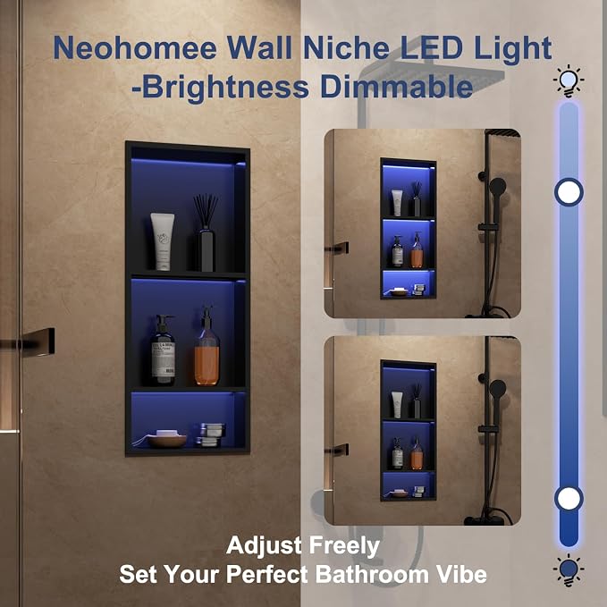 3-Tiers 12x30Inch Wall Niche with RGB LED Lights, Matte Black Recessed Shower Niche Cabinet, Stainless Steel Bathroom Shelf, NO Tile Needed Storage Organizer for Shower wall