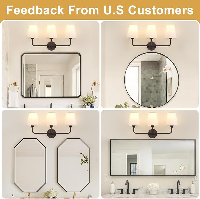Bathroom Light Fixtures, 3-Light Oil Rubbed Bronze Vanity Lights, 25" Bathroom Lighting Fixtures Over Mirror with White Flared Fabric Shade, Modern Wall Sconces for Bathroom Living Room Hallway