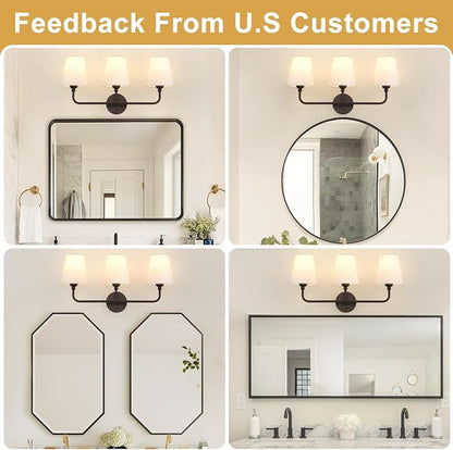 Bathroom Light Fixtures, 3-Light Oil Rubbed Bronze Vanity Lights, 25" Bathroom Lighting Fixtures Over Mirror with White Flared Fabric Shade, Modern Wall Sconces for Bathroom Living Room Hallway