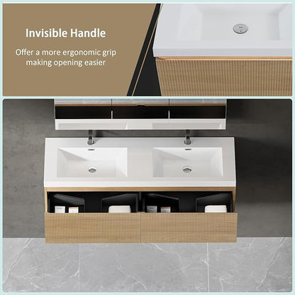 Wall Mounted Bathroom Sink Vanity, Modern 60" Floating Vanity with 2 Resin Top Basins and 2 U-Shaped Soft-Close Storage Drawers, Striped Bathroom Storage Cabinet with Invisible Handle, Wood