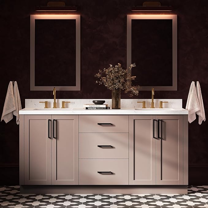 ARIEL Loren 72-inch Bathroom Vanity with Sink,Solid Wood, 1.5-inch Carrara White Quartz Countertop, Double Rectangular Porcelain Sink, 4 Soft Closing Doors, 3 Dovetail Drawers, Mocha