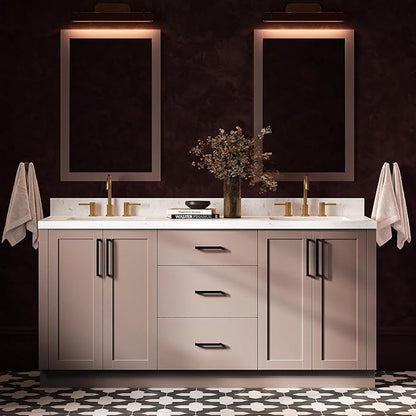 ARIEL Loren 72-inch Bathroom Vanity with Sink,Solid Wood, 1.5-inch Carrara White Quartz Countertop, Double Rectangular Porcelain Sink, 4 Soft Closing Doors, 3 Dovetail Drawers, Mocha