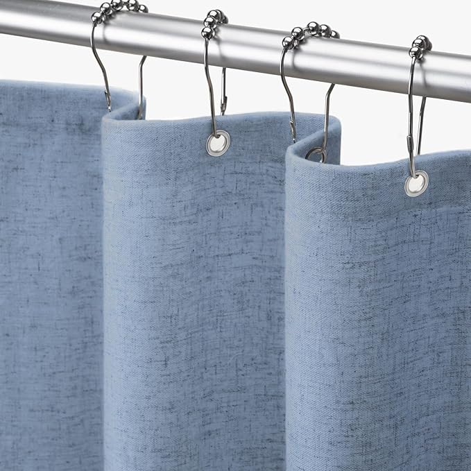 Linen Shower Curtain Blue Grey, Fabric Boho Farmhouse Shower Curtains for Bathroom Cotton Natural Cloth Liner Set 72" W x 72" L