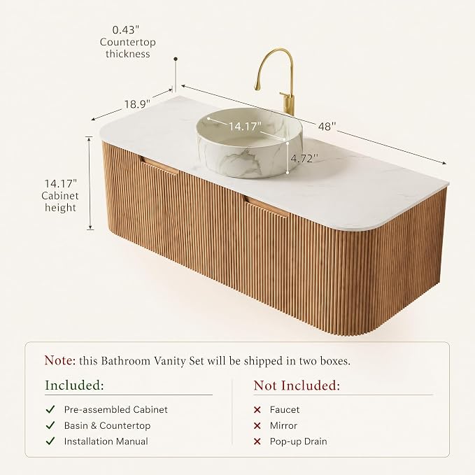 48 Inch Bathroom Vanity with Sink, Floating Wall Mounted Single Sink Vanity, Natural Woodgrain Curved Fluted Front, Stone Top, Marble-Look Round Vessel Basin, Pre-Assembled