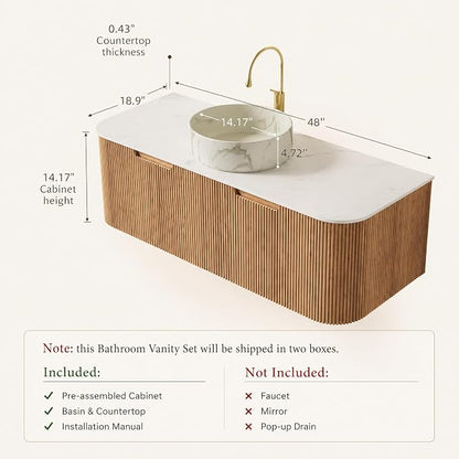 48 Inch Bathroom Vanity with Sink, Floating Wall Mounted Single Sink Vanity, Natural Woodgrain Curved Fluted Front, Stone Top, Marble-Look Round Vessel Basin, Pre-Assembled