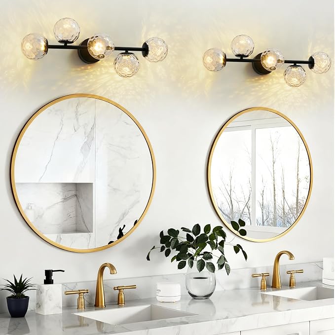 LED Bathroom Vanity Light Fixtures,Modern Black Makeup Bathroom Lighting | 5 Lights Hammered Clear Globe Glass Wall Sconce,Dimmable Mid Century Modern Bubble Glass Bathroom Vanity Lights over Mirror