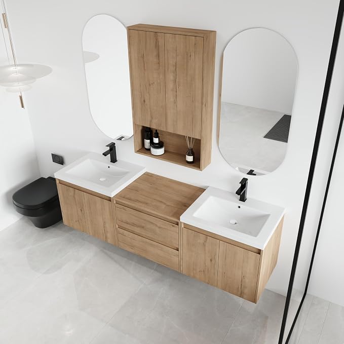 72'' Floating Bathroom Vanity with Double Sink, and 1 Side Cabinet, Brown | Double Sink Combo with 24" Side Cabinet, Plywood Cabinet, Resin Basin, Ample Storage, Soft-close Hinge, Assembly Required