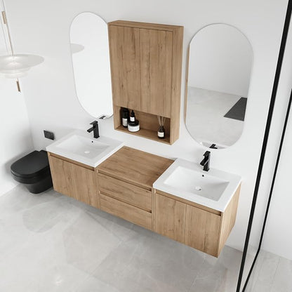 72'' Floating Bathroom Vanity with Double Sink, and 1 Side Cabinet, Brown | Double Sink Combo with 24" Side Cabinet, Plywood Cabinet, Resin Basin, Ample Storage, Soft-close Hinge, Assembly Required