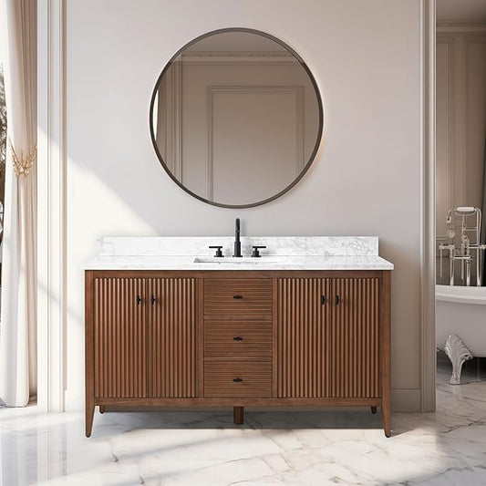 Vanity Art 60 inch Walnut Bathroom Vanity with Single Sink & Ceramic Top, Vanity Cabinet with Soft-Closing Door, Solid Wood Frame, Linear Pattern, Walnut, VA9160-SWalnut-MB,Matte Black Handles