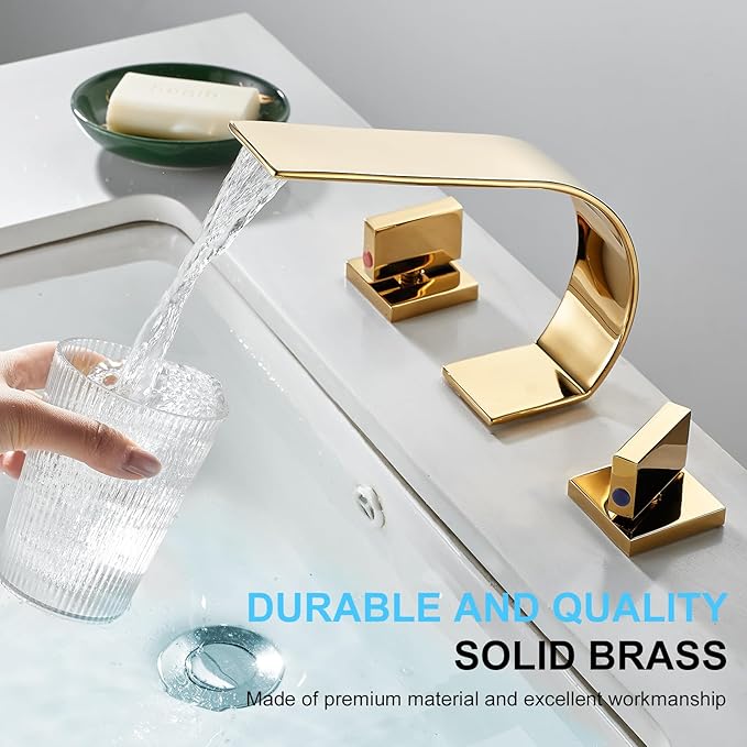 becola Gold Bathroom Faucet 3 Hole,Ultrathin Low Arc 8 inch Widespread Bathroom Faucet,Waterfall Bathroom Faucet,2-Handle Modern Vanity Faucet with Hot and Cold Water Supply Hoses