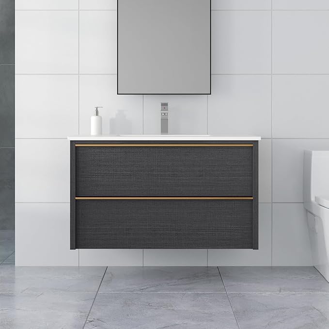 36 Inch Bathroom Vanity with Sink, Floating Vanity Bathroom, Modern Wall Mount Bathroom Cabinet, Double Drawers, Gold Handle, Suitable for All Kinds of bathrooms (with Sink, 36")