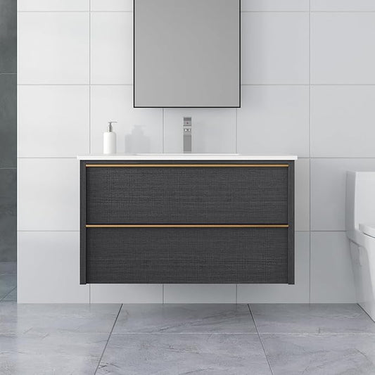 36 Inch Bathroom Vanity with Sink, Floating Vanity Bathroom, Modern Wall Mount Bathroom Cabinet, Double Drawers, Gold Handle, Suitable for All Kinds of bathrooms (Without Sink, 36")