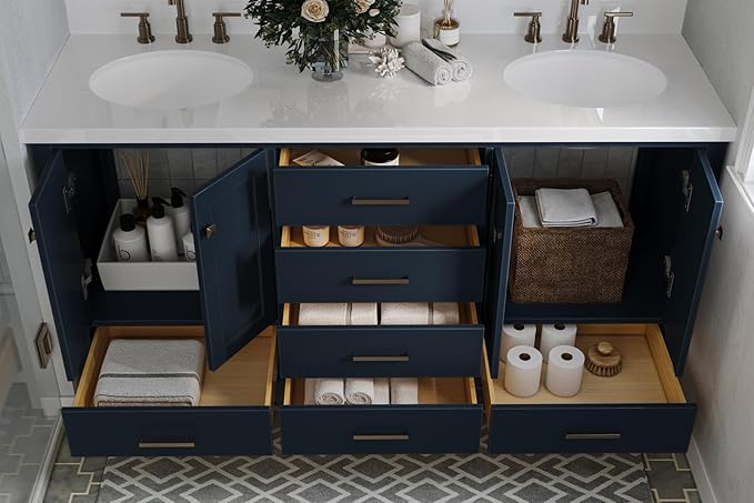 ARIEL Cambridge 66-inch Bathroom Vanity with Sink,Solid Wood, 1.5-inch Pure White Quartz Countertop & Backsplash, Double Oval Porcelain Sink, 4 Soft Closing Doors, 6 Dovetail Drawers, Midnight Blue