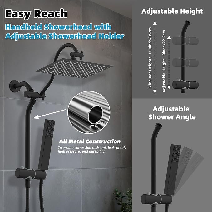 Hibbent 12'' Rainfall Shower Head with 4-mode Handheld Spray, Matte Black | cUPC Certified High Pressure Showerhead Combo, 12'' Adjustable Extension Arm, Extension Bar, Easy Reach Holder, 71'' Hose