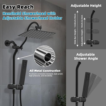 Hibbent 12'' Rainfall Shower Head with 4-mode Handheld Spray, Matte Black | cUPC Certified High Pressure Showerhead Combo, 12'' Adjustable Extension Arm, Extension Bar, Easy Reach Holder, 71'' Hose