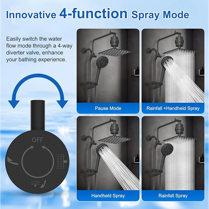 Metal 10" Filtered Rainfall Showerhead Combo, Easy Reach, Matte Black | 4-Way Diverter with Pause Mode, High Pressure Shower Head with 10-Spray Handheld, 71" Hose/12" Extension Arm/Holder