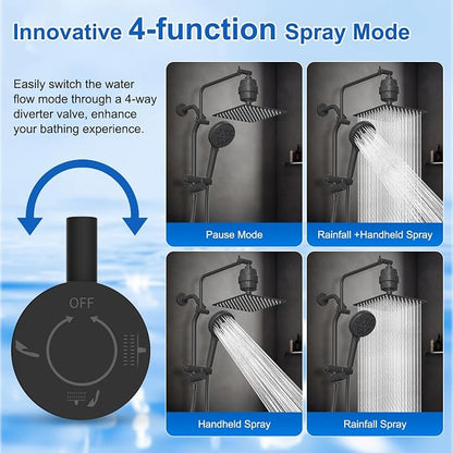 Metal 10" Filtered Rainfall Showerhead Combo, Easy Reach, Matte Black | 4-Way Diverter with Pause Mode, High Pressure Shower Head with 10-Spray Handheld, 71" Hose/12" Extension Arm/Holder