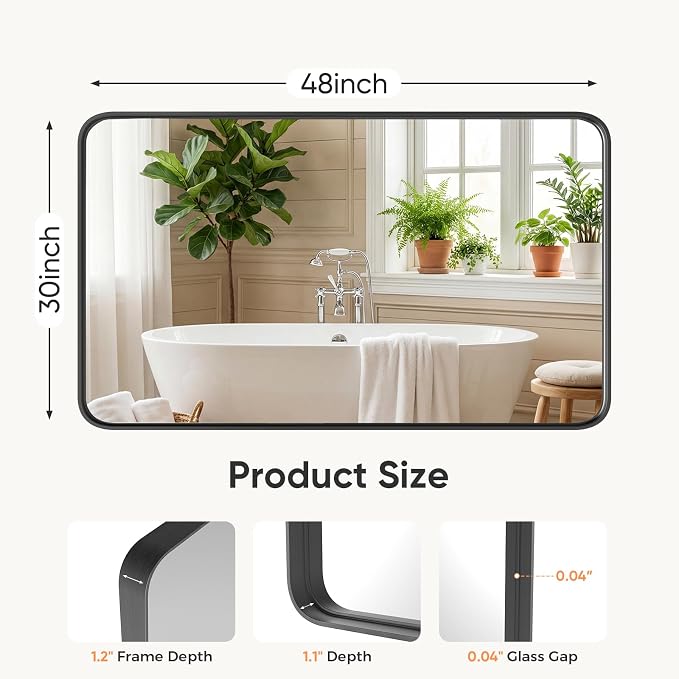 Sweetcrispy Bathroom Wall Mirror, 48x30 Inch Wall Mount Mirror for Over Sink, Modern Rounded Rectangle Vanity Mirrors with Matte Metal Framed, for Home Decor, Living Room, Bedroom, Black
