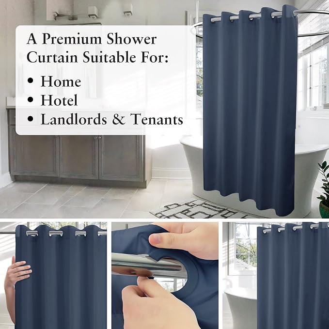 River Dream No Hook Stall Shower Curtain or Liner Microfiber Navy, 36x74 | Waterproof Small Fabric Shower Curtain Set for Narrow Stall, Bottom Magnets, Soft & Machine Washable, 36W x 74H