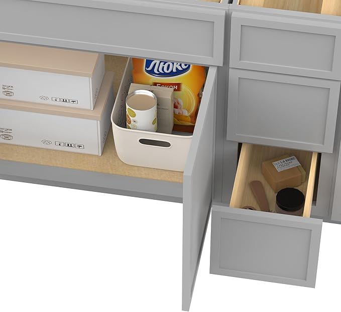 HomeBeyond 84 Inches Bathroom Vanity Base Cabinet Without Sink, Double Sink Top Sturdy Floor Mounted Cabinet with Door & Soft Closing Drawers, Grey, VA4136-2+VA4112-3