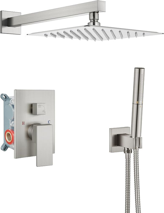 Aolemi Shower System with Rain Head and Handheld,10-Inch,Brushed Nickel | High-Pressure Shower Faucet Set with Dual-Function Handheld,Rough-In Valve,1.8 GPM,Wall-Mount Trim Kit