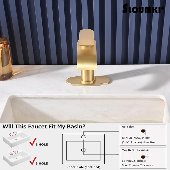 Brushed Gold Waterfall Bathroom Faucet Single Hole, Gold Bathroom Faucet for Sink 1 Hole with 6 in Deck Plate and Pop Up Drain and Supply Hose, Modern Bathroom Sink Faucet，SL5002BG