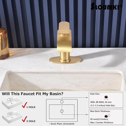 Brushed Gold Waterfall Bathroom Faucet Single Hole, Gold Bathroom Faucet for Sink 1 Hole with 6 in Deck Plate and Pop Up Drain and Supply Hose, Modern Bathroom Sink Faucet，SL5002BG