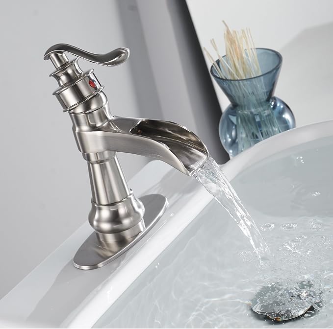 Brushed Nickel Bathroom Faucet Single Handle Waterfall Spout | Pop Up Drain and Supply Lines Included, One Hole Commercial Lavatory Deck Mount, Easy Install, Wipe-clean Surface