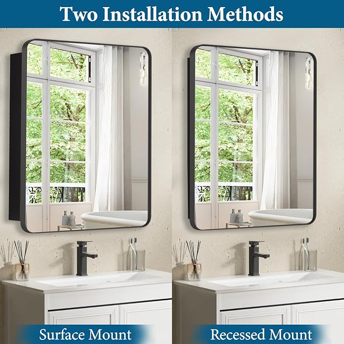 20’’x26’’ Medicine Cabinet,Metal Framed Medicine Cabinet Mirror with Round Corner,Recessed and Surface Mount Bathroom Mirror with Storage, Removeable Shelves,Dark Gray Frame