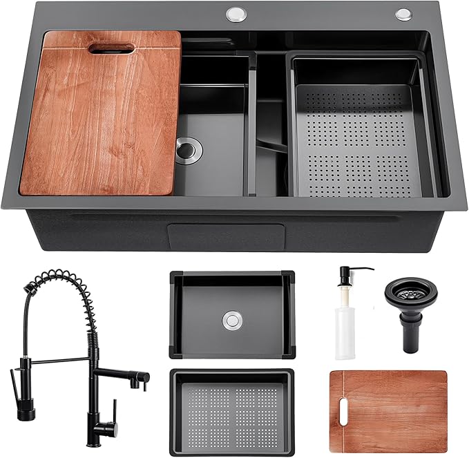 Black Kitchen Sink 30 Inch Gunmetal Black Drop In Kitchen Sink with Faucet Combo Modern Workstation Stainless Steel Sink Top Mount Single Bowl Farmhouse Kitchen Sinks