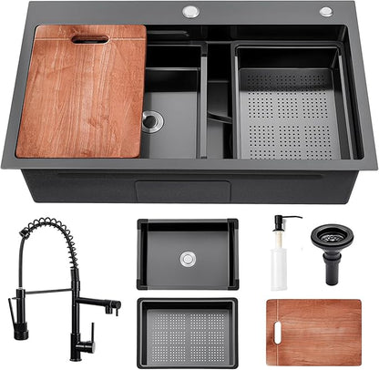 Black Kitchen Sink 30 Inch Gunmetal Black Drop In Kitchen Sink with Faucet Combo Modern Workstation Stainless Steel Sink Top Mount Single Bowl Farmhouse Kitchen Sinks