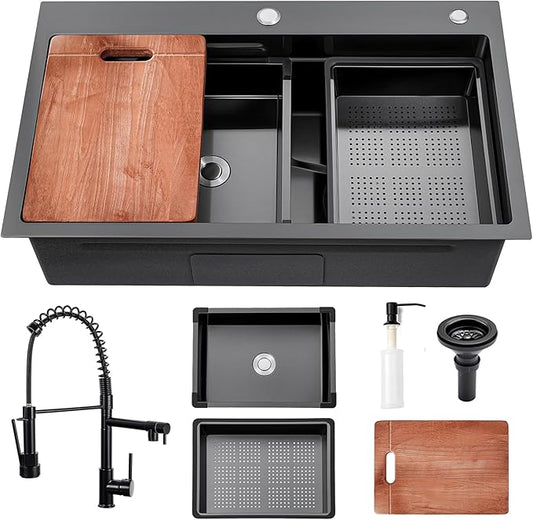 Black Kitchen Sink 30 Inch Gunmetal Black Drop In Kitchen Sink with Faucet Combo Modern Workstation Stainless Steel Sink Top Mount Single Bowl Farmhouse Kitchen Sinks