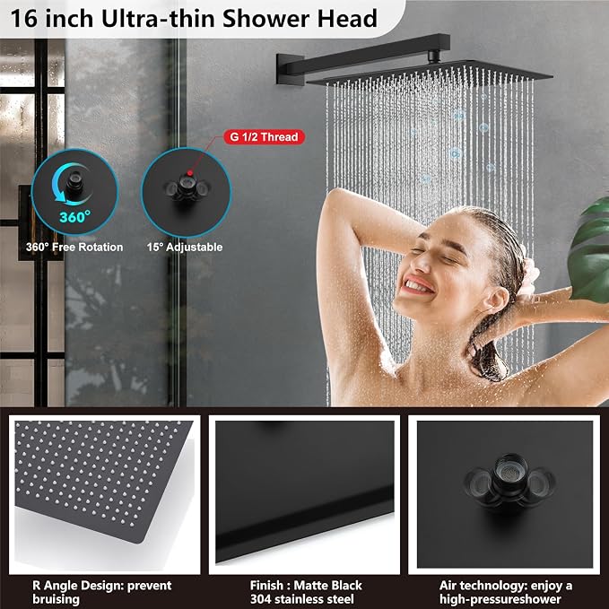 Midanya Shower Faucet Set with Handheld Sprayer,16 Inch,Matte Black | Rough-in Shower Valve and Trim Kit Included,Square Rain Head,Wall Mount Shower System,All Metal,Bathroom