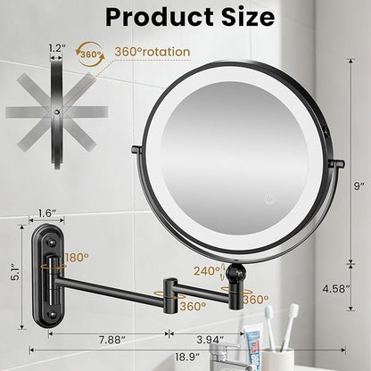 9" Wall Mounted LED Lighted Makeup Vanity Mirror - 4000mAh Rechargeable Double Sided 1X/30X Magnifying Mirror, 3 Color Lights Touch Dimmable, Height Adjustable Extended Arm 360° Swivel Bathroom Mirror