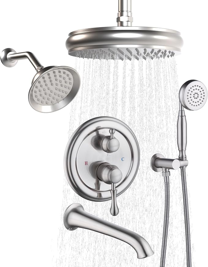 Enga Antique Shower Faucet Sets Dual Heads with Tub Spout 8" Ceiling & 6" Wall Mount Vintage Shower Head Handheld Spray Combo, 4 Way Diverter Brass Rough in with Trim Kit, Brushed Nickel