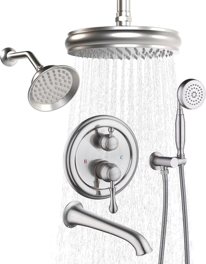 Enga Antique Shower Faucet Sets Dual Heads with Tub Spout 8" Ceiling & 6" Wall Mount Vintage Shower Head Handheld Spray Combo, 4 Way Diverter Brass Rough in with Trim Kit, Brushed Nickel