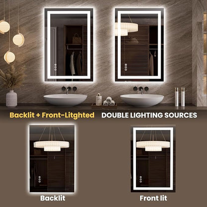 LOAAO 23.6"x35.4" LED Bathroom Mirror with Lights, UL Listed | Anti-Fog, Dimmable, 3 Color Temperature, Backlit + Front Lit, Memory Function, Tempered Glass