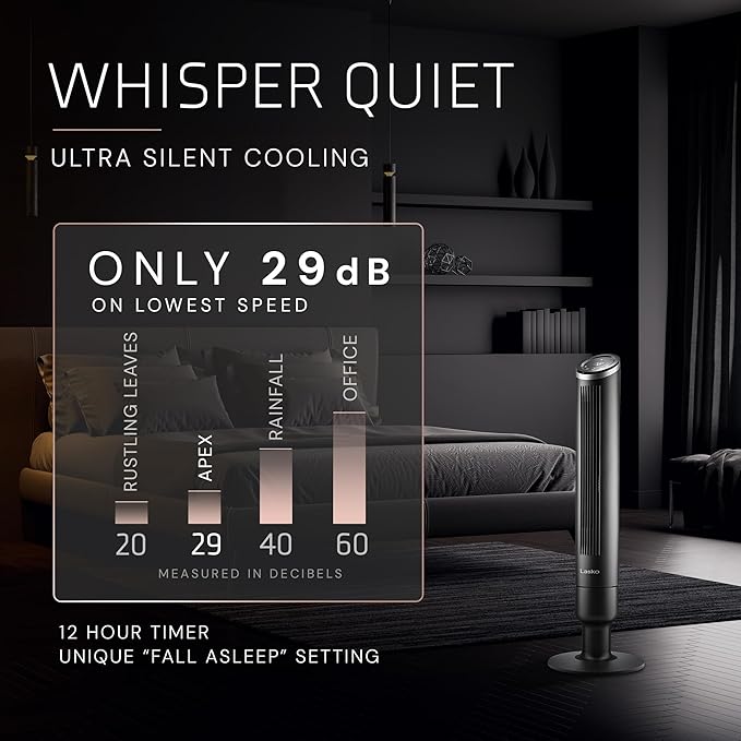 Lasko Apex Tower Fans Oscillating Quiet 42" - 29 ft/s Airflow, 28 dB, 90° Oscillation, 12H Timer, Air Filter for Hair & Dust, Remote, Black, Floor Fans for Home Bedroom, RST200