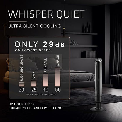 Lasko Apex Tower Fans Oscillating Quiet 42" - 29 ft/s Airflow, 28 dB, 90° Oscillation, 12H Timer, Air Filter for Hair & Dust, Remote, Black, Floor Fans for Home Bedroom, RST200