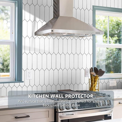 Vamos Tile 1 Sheet Glossy White Backsplash Tile Peel and Stick, 12.8 x 12.8 Inch Long Hexagon PVC Self Adhesive Mosaic Wall Tiles with Dark Gray Grout Stick on Backsplash for Kitchen and Bathroom
