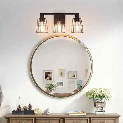 3-Light Black Bathroom Vanity Light Fixture Over Mirror, Industrial Caged | Farmhouse Rustic Wall Sconce Light Fixture with Metal Wire Lampshade for Bathroom, 17.9 Inch,E26(Bulbs not Included)