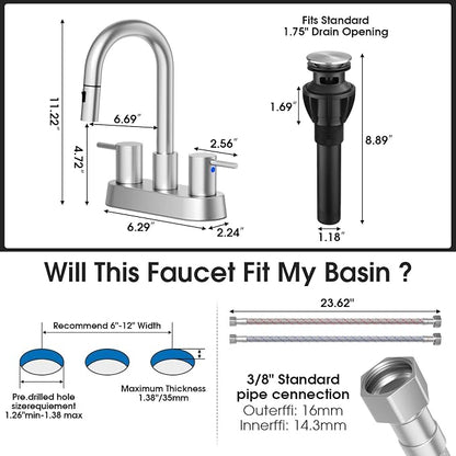 Stainless Steel Brushed Nickel Bathroom Faucet with Pull Out Sprayer, Dual-Function Spout Bathroom Sink Faucets, 4 Inch Two Handle Utility Sink Faucet with Sprayer 3 Hole, Pet Shower, RVs