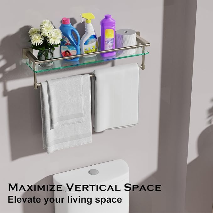 24-Inch Modern Wall-Mounted Bathroom Glass Shelf with 1 Shelf, Brushed Nickel, 1 Towel Bar, 45 lbs Weight Capacity