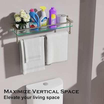 24-Inch Modern Wall-Mounted Bathroom Glass Shelf with 1 Shelf, Brushed Nickel, 1 Towel Bar, 45 lbs Weight Capacity