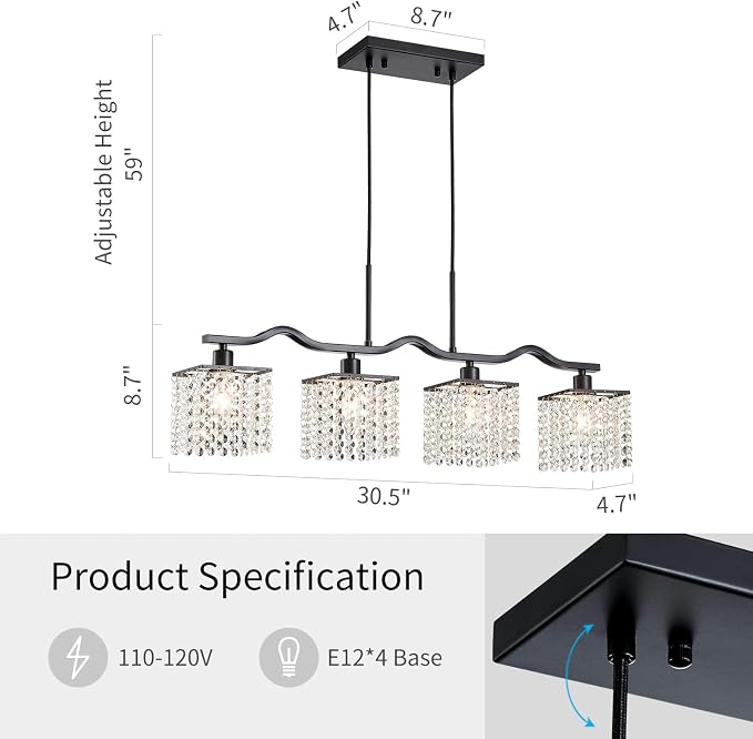 WUZUPS Crystal Chandelier 4-Light Linear Raindrop Pendant Ceiling Light Modern Lighting Fixture for Bedroom Dinning Room Bar Kitchen Island, H8.7'' W4.7'' L30.5, E12 Base, Black