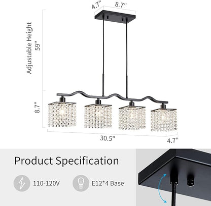 WUZUPS Crystal Chandelier 4-Light Linear Raindrop Pendant Ceiling Light Modern Lighting Fixture for Bedroom Dinning Room Bar Kitchen Island, H8.7'' W4.7'' L30.5, E12 Base, Black