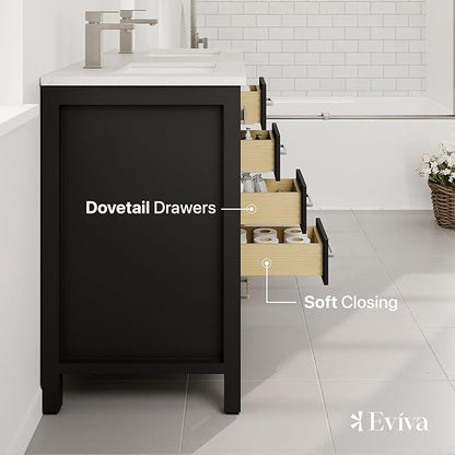 Eviva London 48 x 18 inch Espresso Transitional Double Sink Bathroom Vanity with White Carrara Quartz Countertop and Undermount Porcelain Sinks