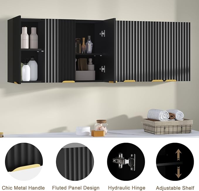 ChooChoo Bathroom Wall Cabinet, Laundry Room Cabinet with 3 Fluted Doors | Kitchen Storage Cupboard Cabinet with Adjustable Shelf, Fluted Wall-Mounted Medicine Cabinet for Kitchen, Garage, Black